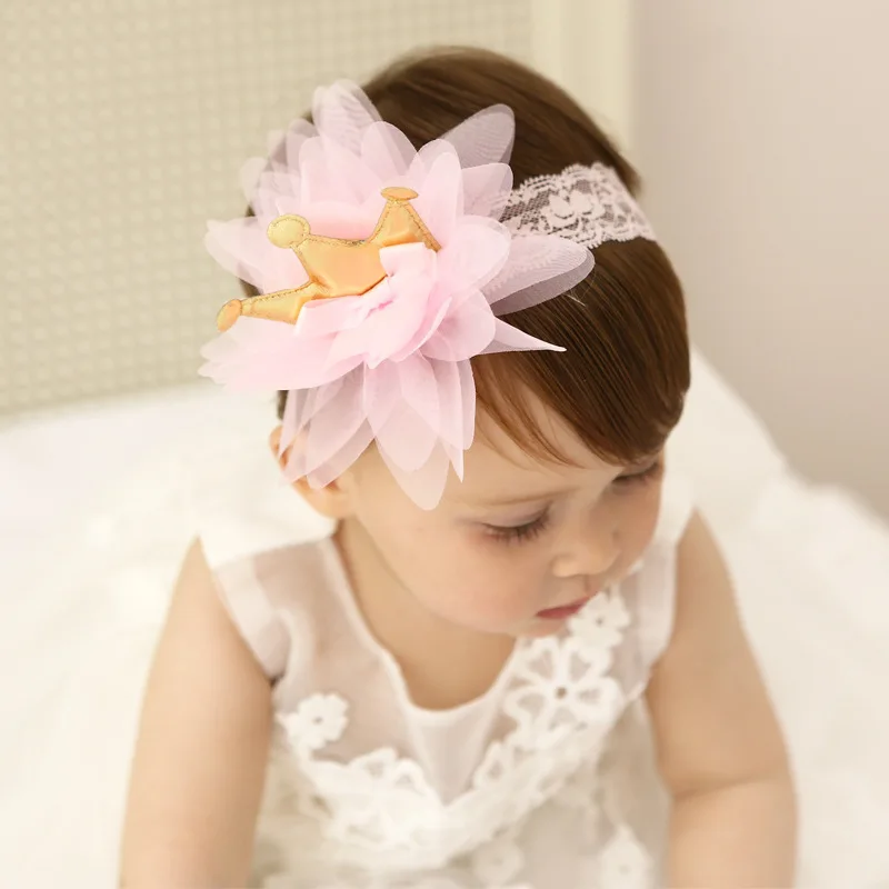 New Creative Pink And Beige Crown Flowers Hairbands Elastic Hair Band Kids Hair Accessories Girls Headwear Children Headbands