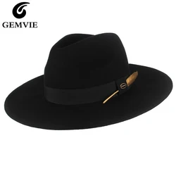 GEMVIE Neue 100% Wollfilz Hut Cowgirl Hut Breite Krempe Fedora Für Mann/Frauen Gestreiften Feder Band Herbst Winter panama Jazz Kappe