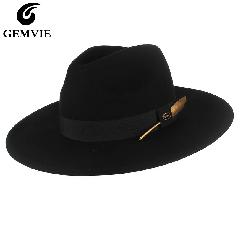 GEMVIE 100% Wool Felt Fedora Hats Wide Brim Fedora for Man/Women Striped Feather Band Autumn Winter Panama Jazz Cap