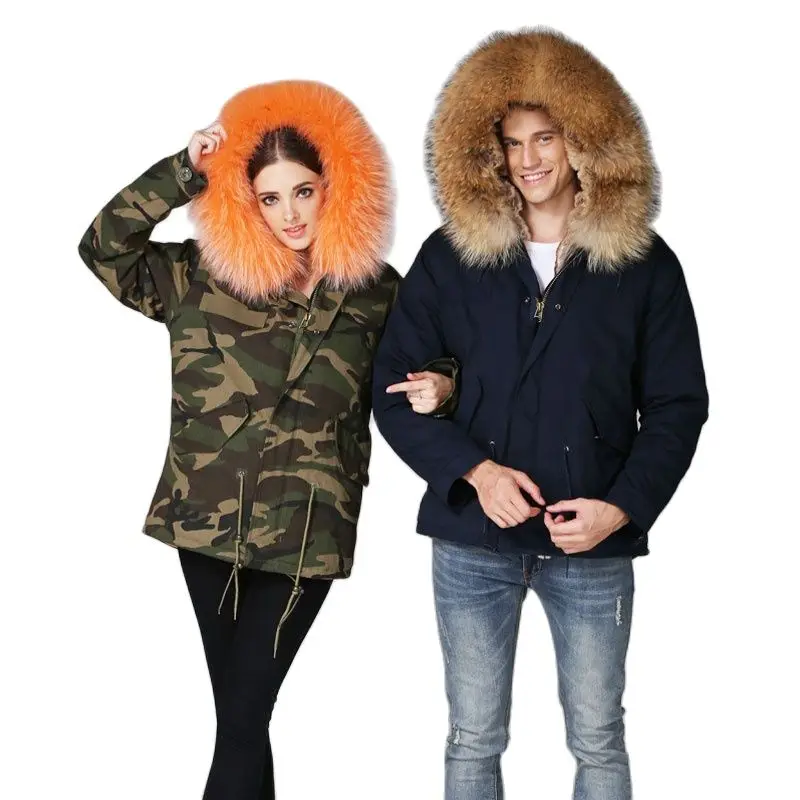 Couple Wear New Style Casual Wear Camouflage Mini Parka Raccoon Fur Hoodies Mr Mrs Warmbody Wear