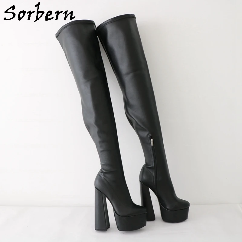 Sorbern Thick Black Women Boots Crotch Thigh High Unisex Boot Thick Platform 20Cm Extreme Chunky High Heel Visible Platform Shoe