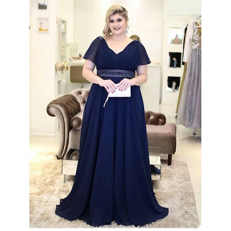 Vestido de noche Formal de manga corta para madre de la novia, azul marino, cuello en V, de gasa, con cuentas, de talla grande, vestidos para bodas