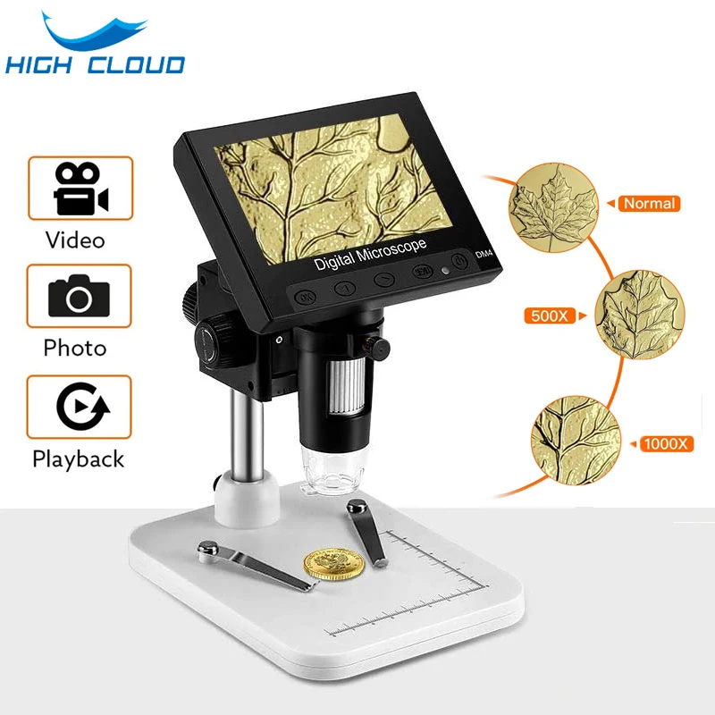4.3นิ้วจอแอลซีดีกล้องจุลทรรศน์ดิจิตอล USB กล้องส่องขยาย1000X ซูม, ไฟ LED 8ดวง, อุปกรณ์บันทึกวิดีโอกล้องสำหรับซ่อมบัดกรี