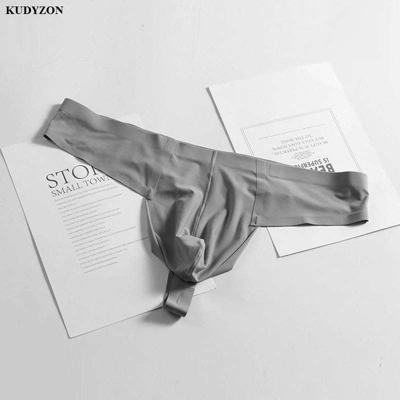 Men Sexy G-string Thongs Gay Men Underwear Solid Thin Ice Silk Enhance Bugle Pouch Seamless T-panties Man Lingerie Underpants