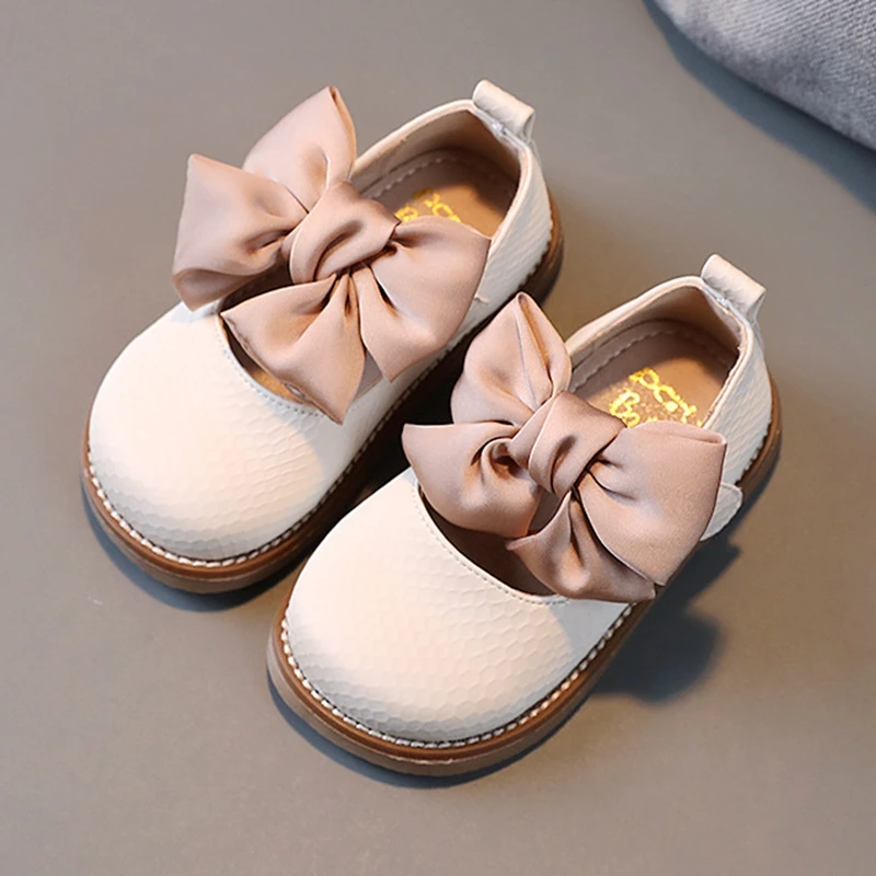 13.5-18.5cm Brand Children Solid Pure Shoes Girls Leather Shoes Lace Bow-knot Sweet Soft Shoes Princess Dress Shoes For Wedding