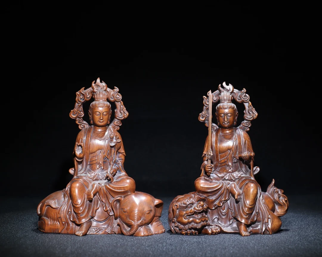 

5"Tibetan Temple Collection Old Boxwood Manjushri Bodhisattva Samantabhadra Backlit Sitting Buddha Worship Hall Town house