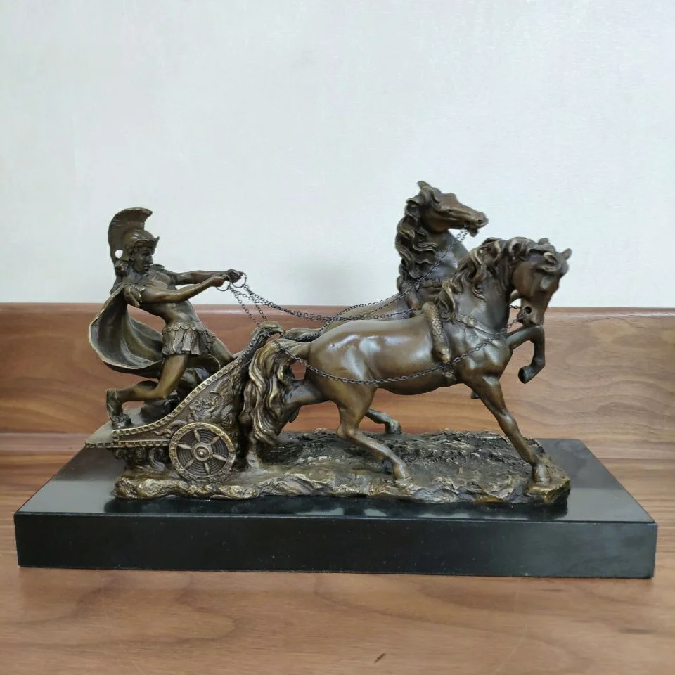 Medieval Roman Warrior Chariot Statue Vintage Sculpture Art Marble Base Wonderful Office Study Decoration