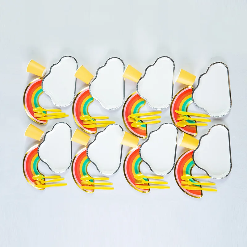 White Cloud Rainbow Party Favors Tableware Kids Birthday Paper Plates Cup Cartoon Dessert Cake Dish Wedding Decor Party Supplies