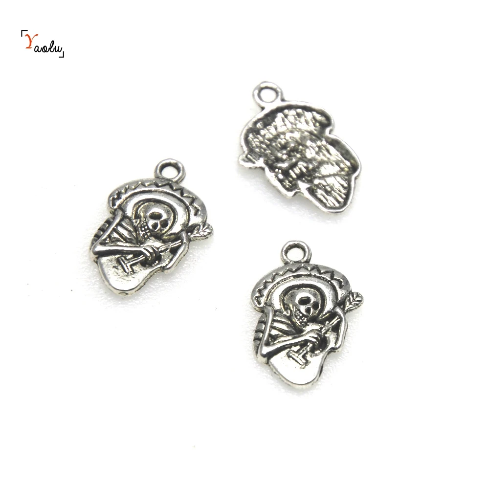 20pieces Skeleton Charms Pendants day of the dead Halloween Antique Silver Charm Skeleton Playing Guitar Charm 22x15mm