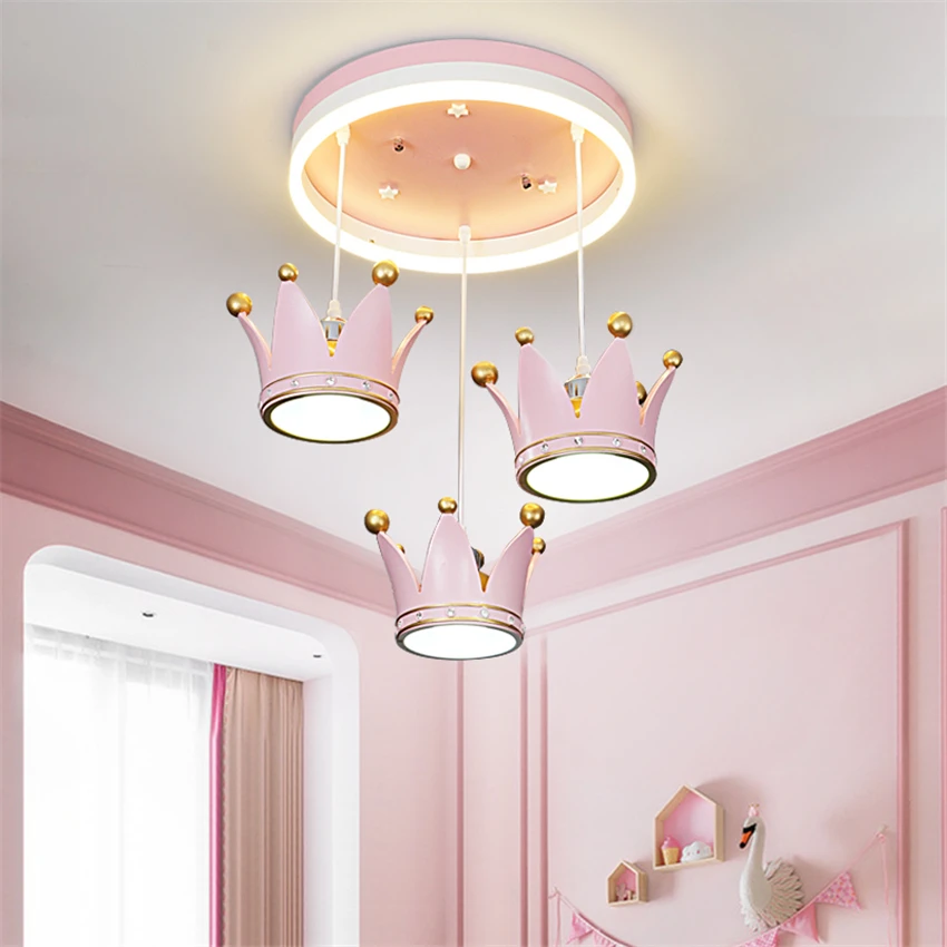 Pink Crown Pendant Lights Children's Room Lamp Girl Bedroom Princess Room Warm European Living Room Hanging Lights Lighting