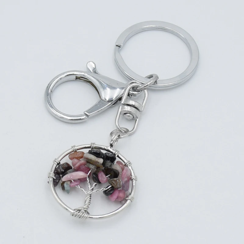 

Natural Pink Crystal Stone Round Tree of Life Pendant Handmade Keychains Key Ring Key Holder for Women Girl Car Bags Accessories