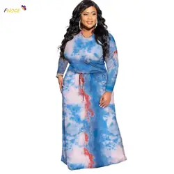 FNOCE Women's Clothing Plus Size Dresses 2021 Urban Casual Commute Dresses Fashion O-Neck Long Sleeve Shrink Waist Tie-Dye Dress