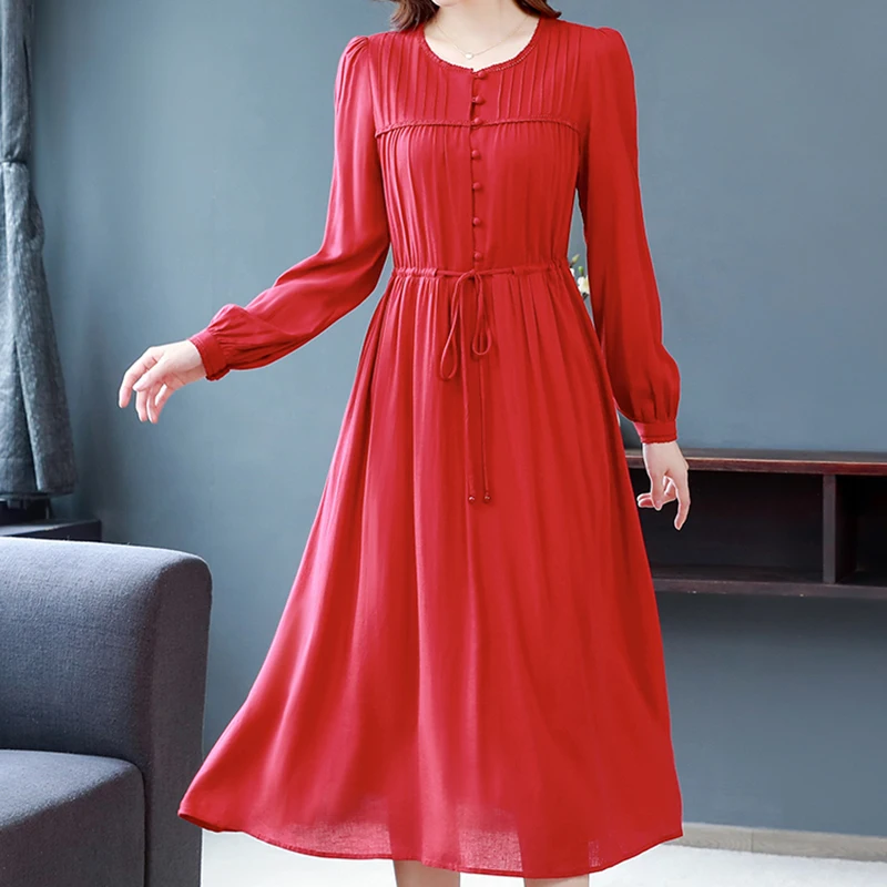 2024 Red Fashion Cotton and Linen Midi Dresses Women Korean Vintage Casual Long Sleeve Dress Autumn Winter Elegant Bodycon Dress