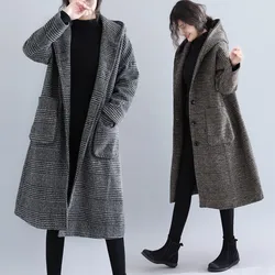 2023 New Vintage autunno inverno lungo Plaid cappotti di lana abbigliamento donna giacche larghe con cappuccio di grandi dimensioni capispalla femminile V1094