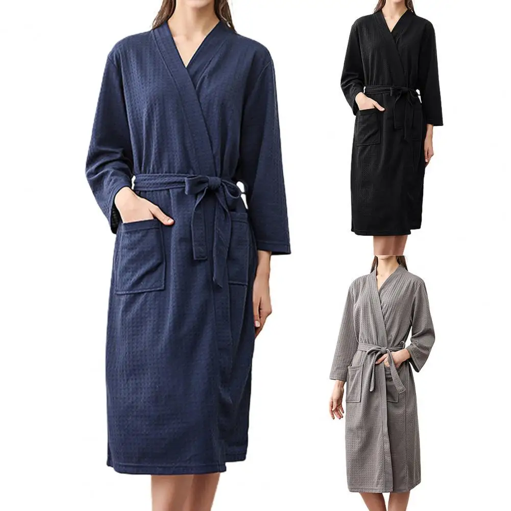 Women Bathrobe Solid Color V Neck Cardigan Long Sleeve Lady Pajamas Robes for Home