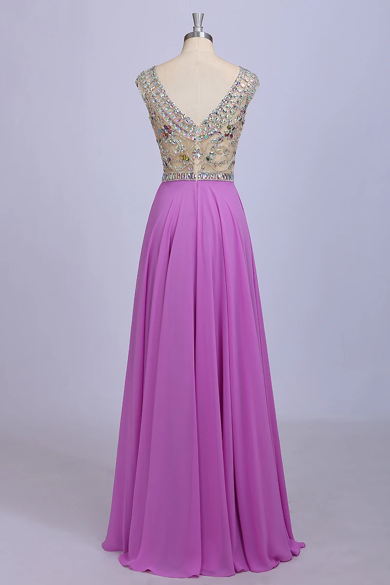 Kralen Crystal Avond Prom Gown 2018 Sexy Illusion Lange Lavendel Chiffon Real Vestido De Festa Moeder Van De Bruid Jurken