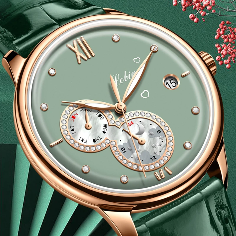 LOBINNI New Elegant Women Watch Automatic Mechanical Watch Date Week Waterproof Ladies Wristwatch Luminous Hands Female Clock
