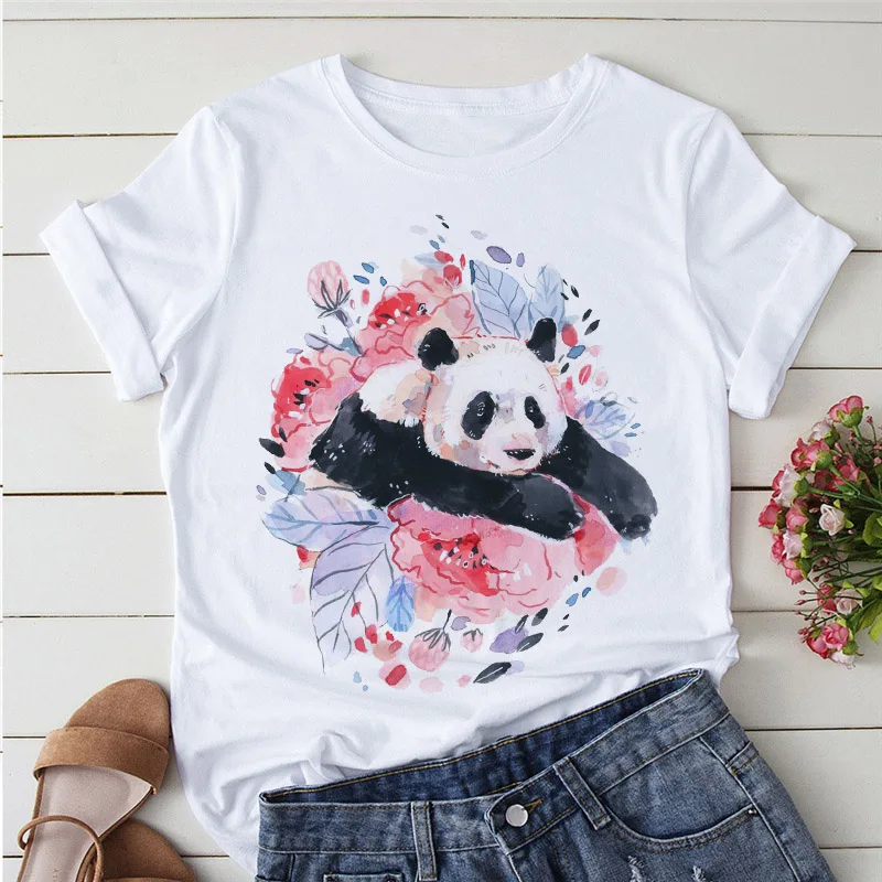 Camisetas de dibujos animados para mujer, camiseta Kawaii con estampado de Panda y Yoga, camiseta de manga corta, camisetas informales para mujer