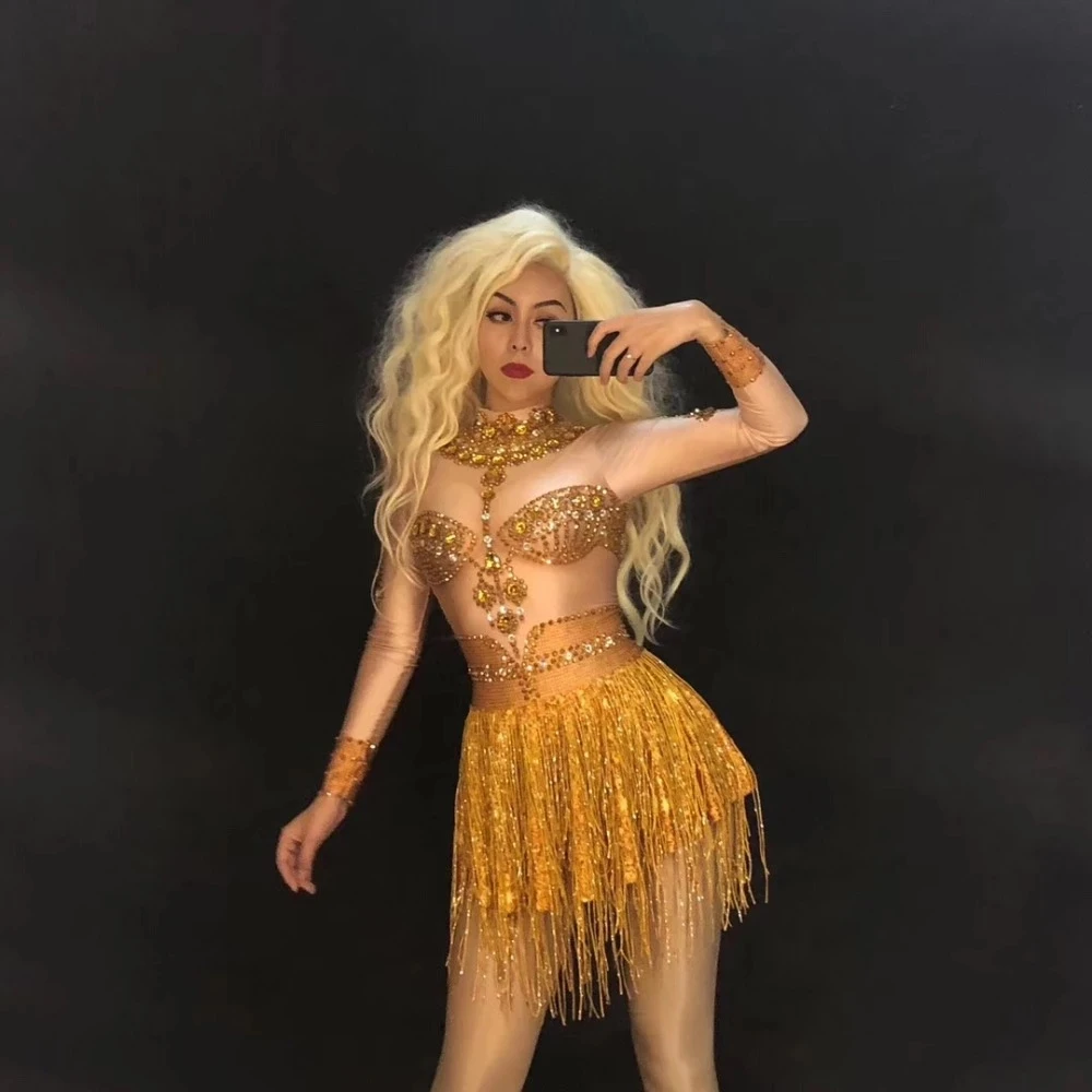 

Sparkling Crystals Nightclub Party Performance Stage Wear Sexy Gold Dress Tassel Short Skirt Dancer Bling Singer Costumes