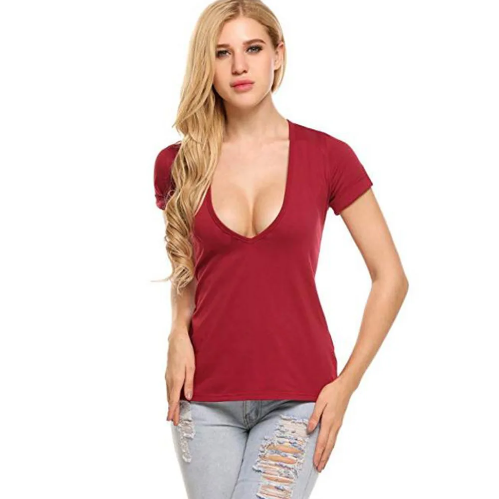 Casual 2023 Summer Women Loose T-Shirt Short Sleeve Tops Ladies Deep V Neck Solid Tee