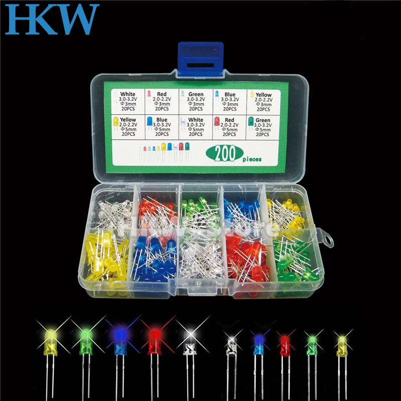 200pcs/Lot 3MM F3 5MM F5 Led Diode Kit With Box White Yellow Red Green Blue LED Light Emitting Diodes Assorted Kit DIY LEDs Set