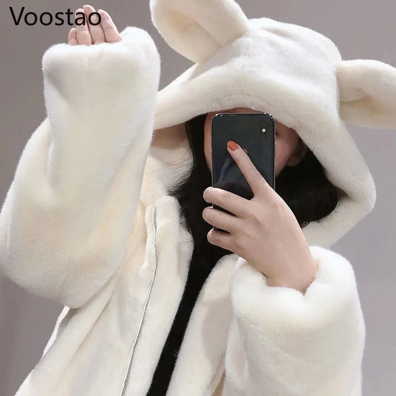 

Autumn Winter Women Faux Fur Jacket Cute Bear Ears Hooded Loose Coats Female Chic Soft Plush Warm Outerwear Girls Thick Tops