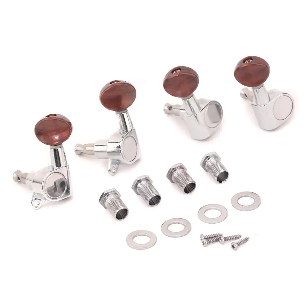 Musiclily 2R2L Sealed Ukulele Tuners Tuning Pegs Keys Machine Heads Set, Chrome with Red Pearl Button