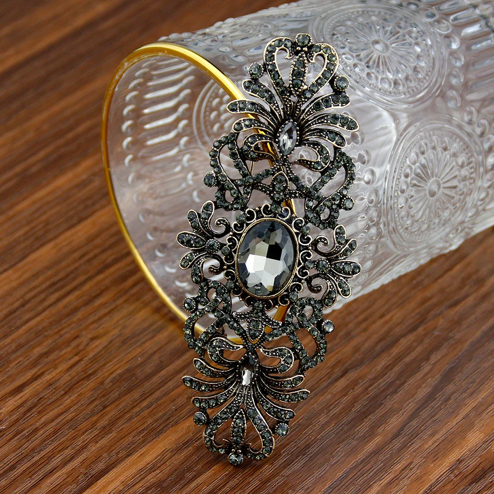 Sunspicems Vintage Gray Crystal Bohemia Flower Brooch For Women Retro Gold Color Full Crystal Turkish Wedding Bijoux Hijab Pins