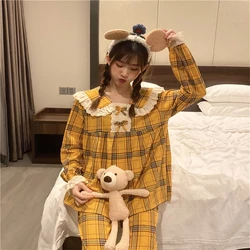 Women Pajamas Sets With Pants Long Sleeve Sexy Nightwear Pyjama Cute Casual Plaid Top+pants Pijama Luxury Brand Nightgowns