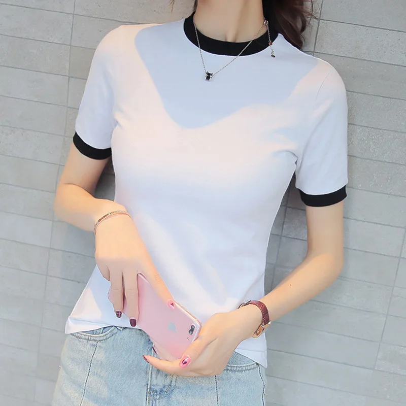 

T Shirt Women Summer Top Short Sleeve O-neck Tshirt Stripe Trim Women Clothing Fashion Casual Tee Shirt Femme Mujer Camisetas