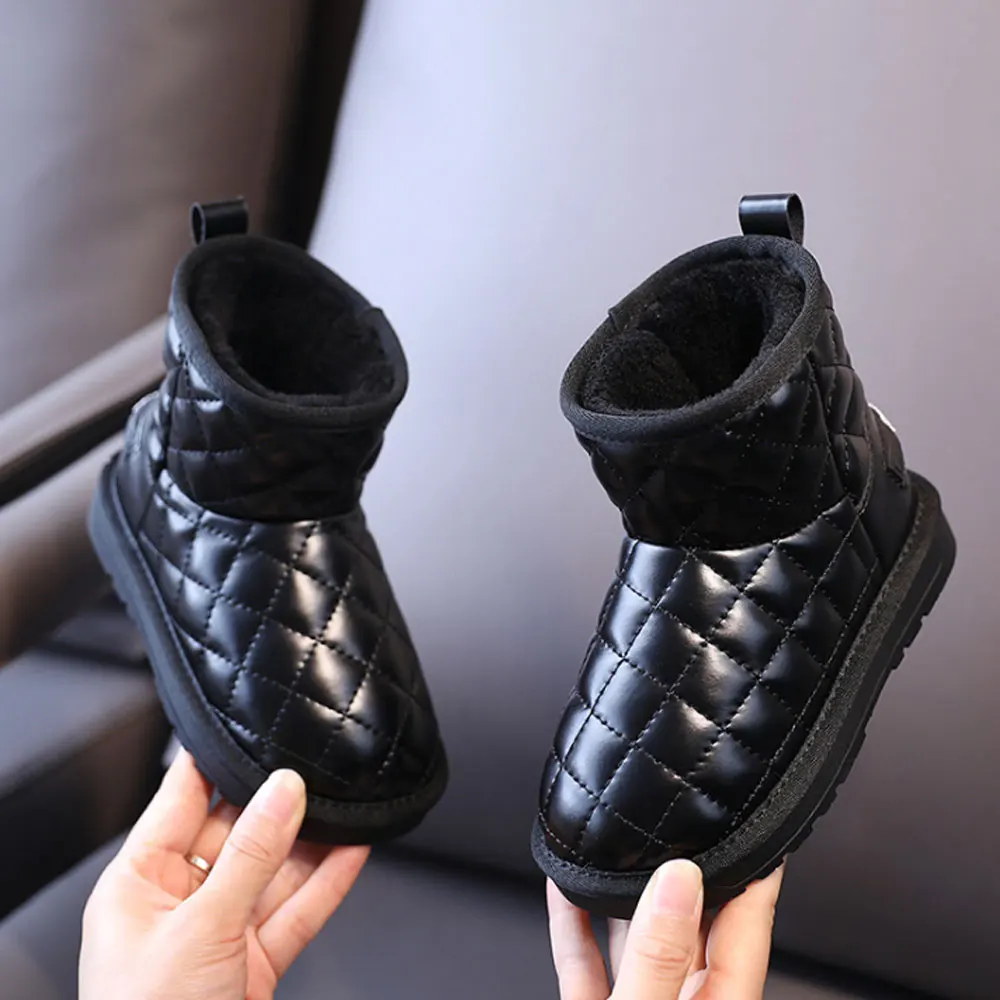 

Big Girls Snow Boots with Fur Kids Winter Warm Ankle Boots Baby Girls Boys Black Leather Shoes for Halloween Party Size 6 7Y