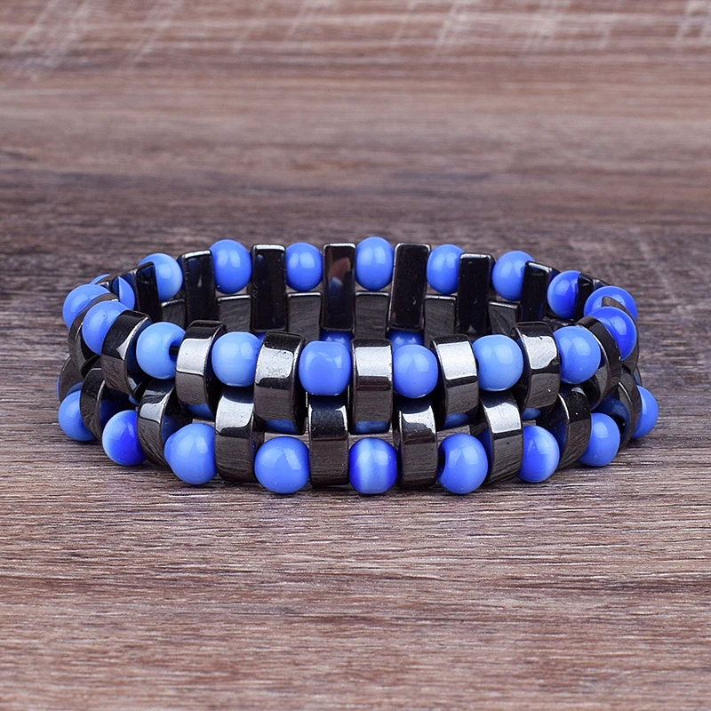 Classical Nature Moon Hematite Bracelets Women Double Blue Beads & Hematite Bracelets Men Energy Stone Bracelet Balance Jewelry