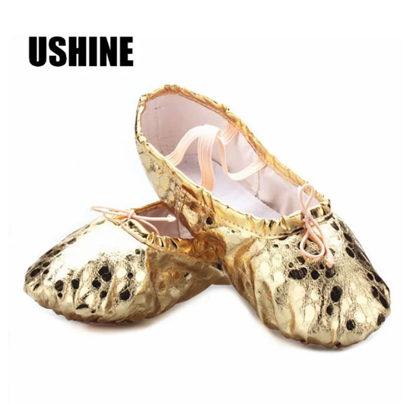 USHINE professional silver golden PU yoga belly dance shoes performance soft sole gym ballet dance shoes children girls woman