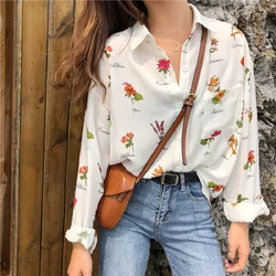 Vintage Floral Print Loose Casual Off White Blouse Women Long Sleeve Female Top Office Ladies Chiffon Blouses Shirts 2022