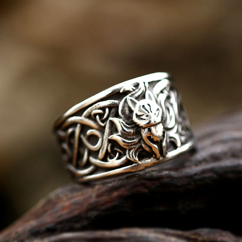 Anime Nine-Tailed Fox Men Rings Retro Vintage Wolf Totem Design Finger Ring Trendy Viking Celts Fox Knot Animal Jewelry