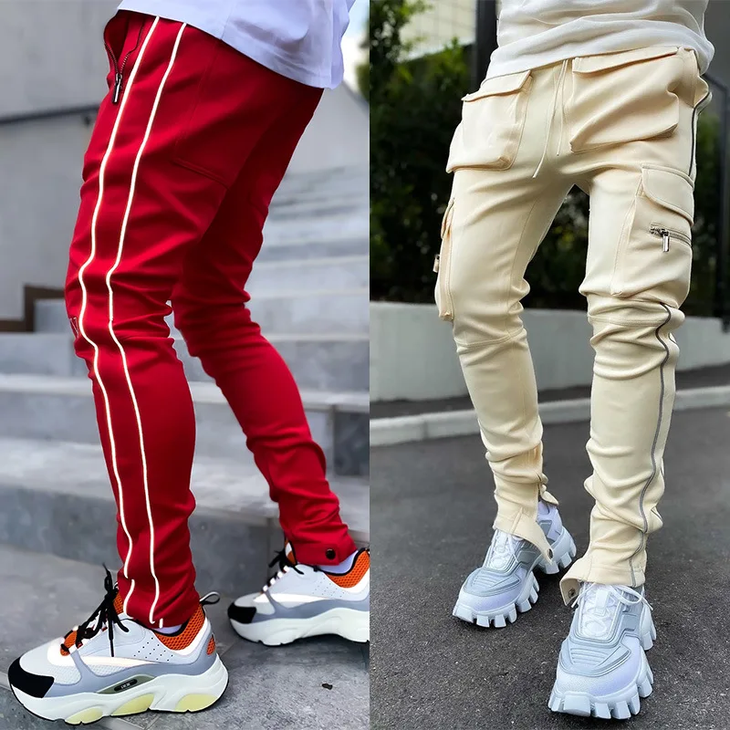 Spring and Autumn Workwear Pants Men\'s Fashion Brand Elastic Multi-Bag Reflective Straight Sports Fitness Casual Trousers