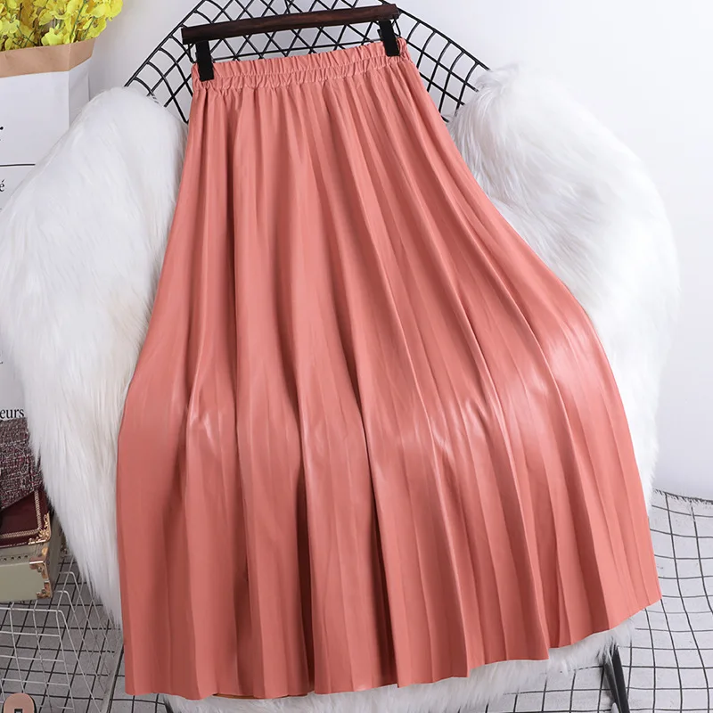 2024 Autumn Winter New Elastic High Waist Slim Simple Solid Color Pu Leather Skirt Casual Loose Women Long Skirt Free Shipping