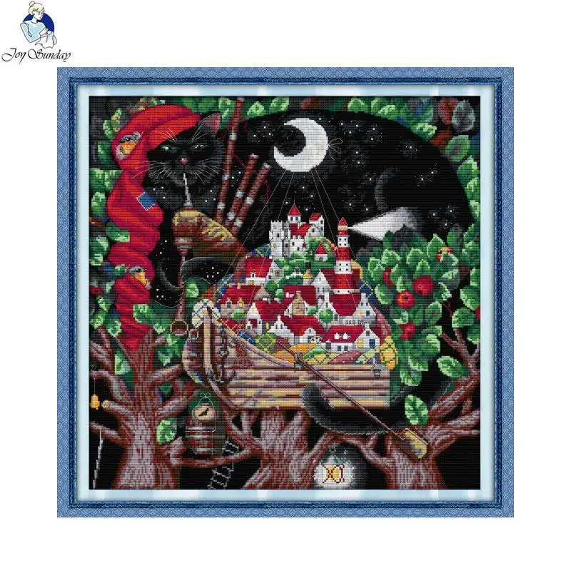 Joy Sunday The flute at night Cross stitch kit DIY black cat pattern 11CT 14CT counted needlework embroidery set Home decoration