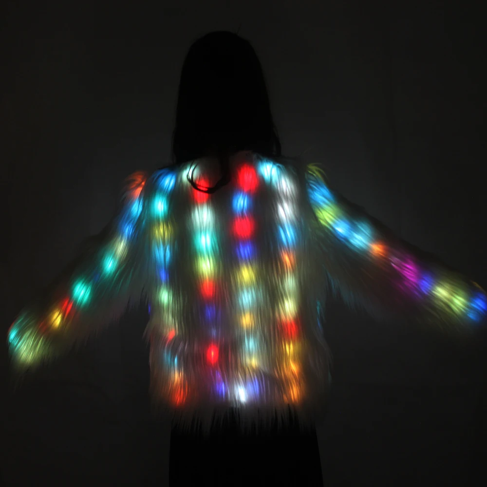 Women Faux Fur Coat Valentine Gift LED Multi-Color Warm Hoodie Vest With Shiny Lights Jacket Light Up Costum