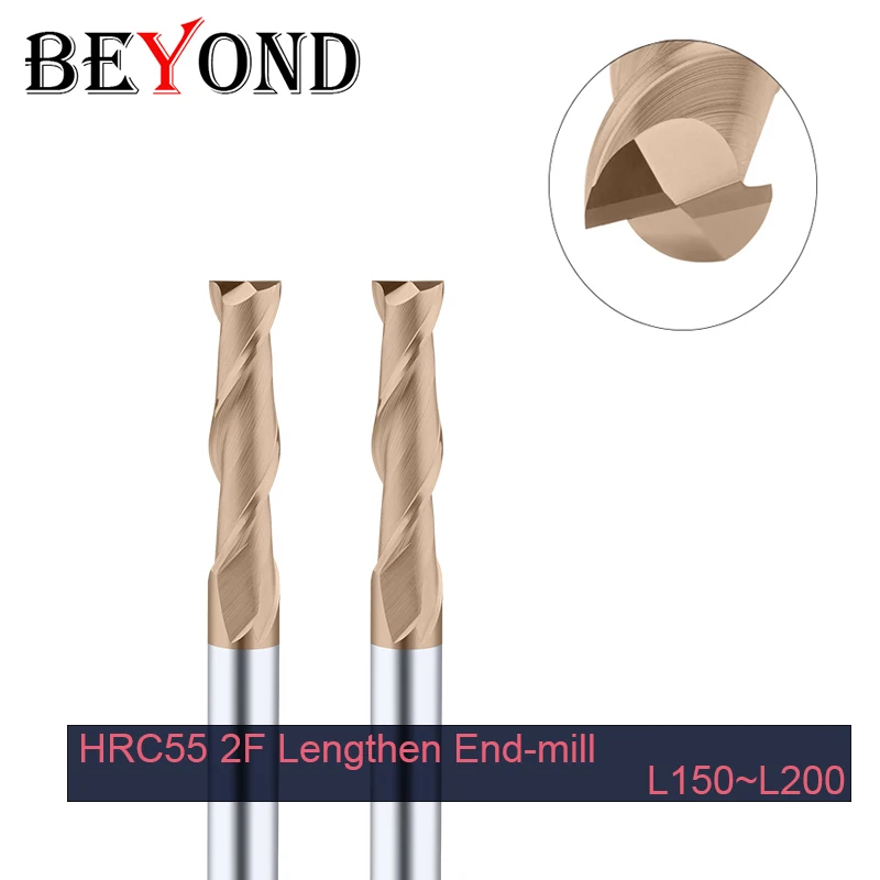 BEYOND HRC55 2F 4mm-20mm Lengthen Tungsten Steel End-mill 150 200 Milling Cutter Nanometer Coating Carbide Cutting Tool