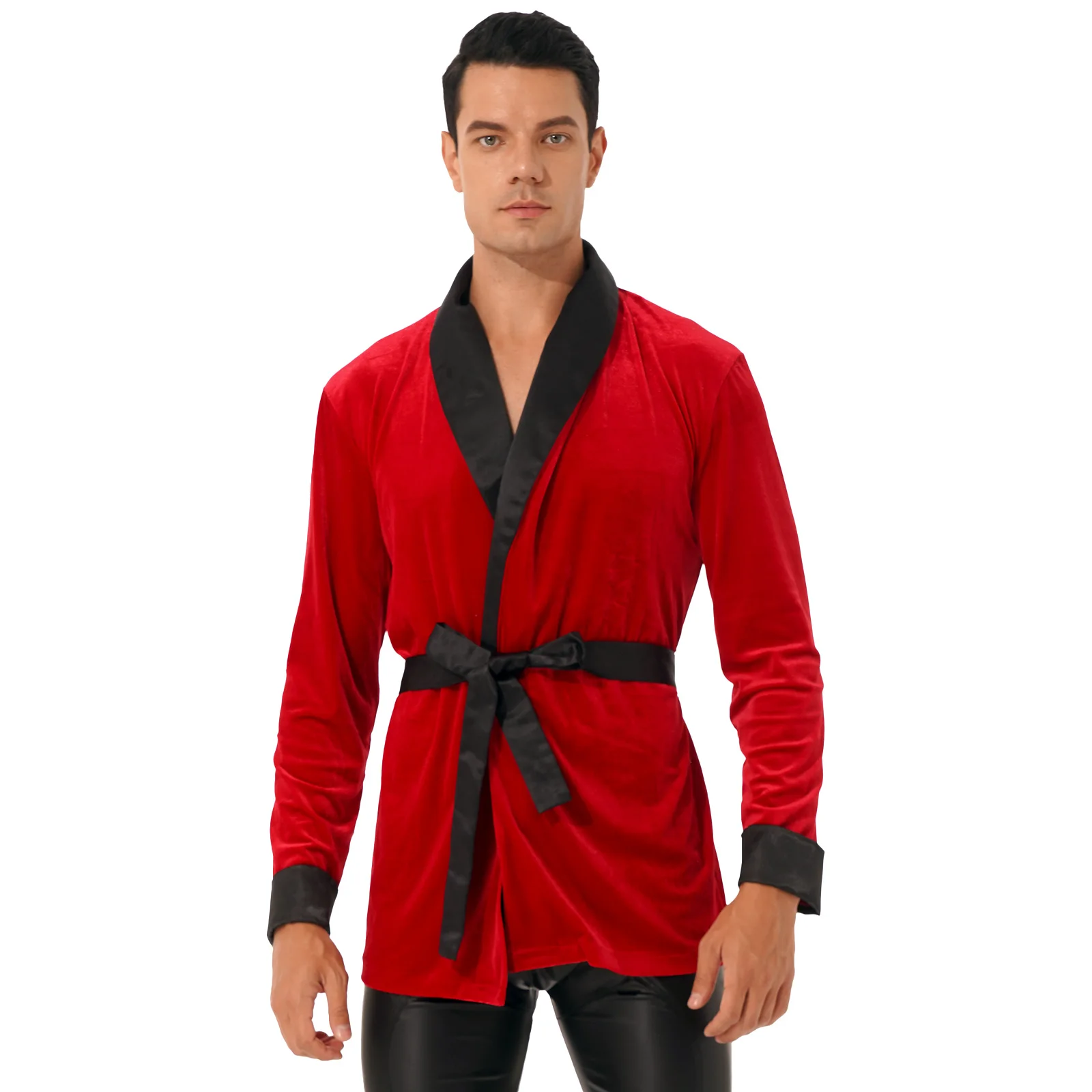 

Autumn Winter Men Christmas Role Play Costume Velvet Kimono Bathrobe Nightwear Long Sleeve Night-Robe Tops With Belt Sleepwear