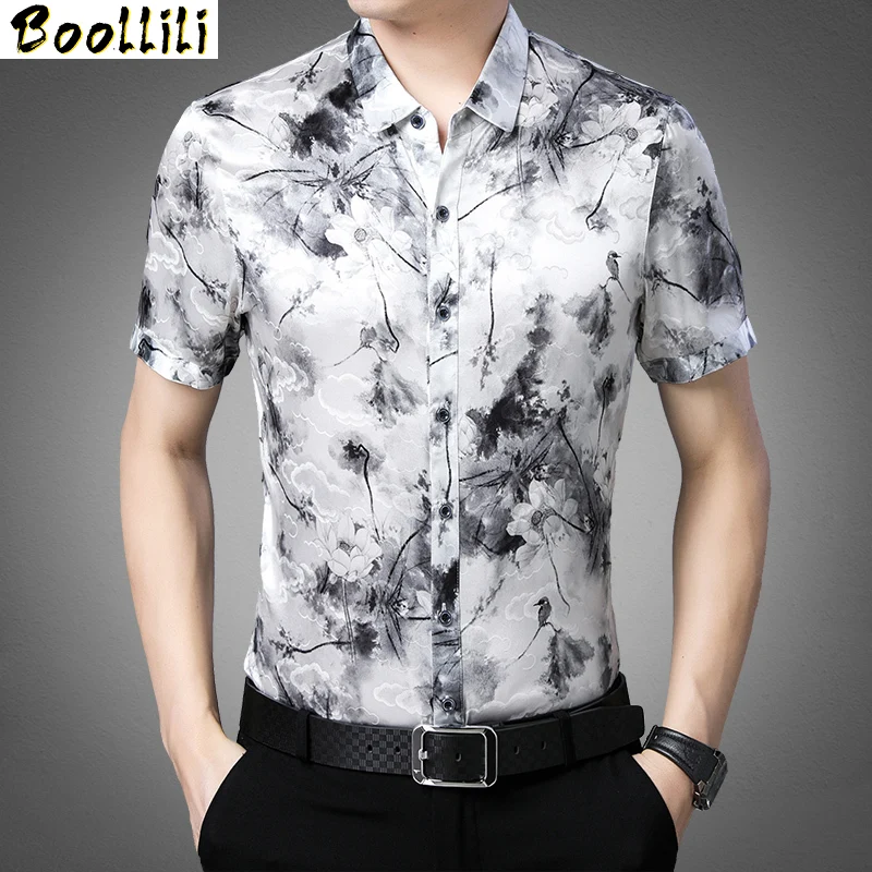 

for Boollili Shirt Men Real Silk Mens Dress Shirts 2023 Summer Printing Shirt Short Sleeve Casual Turn-down Collar