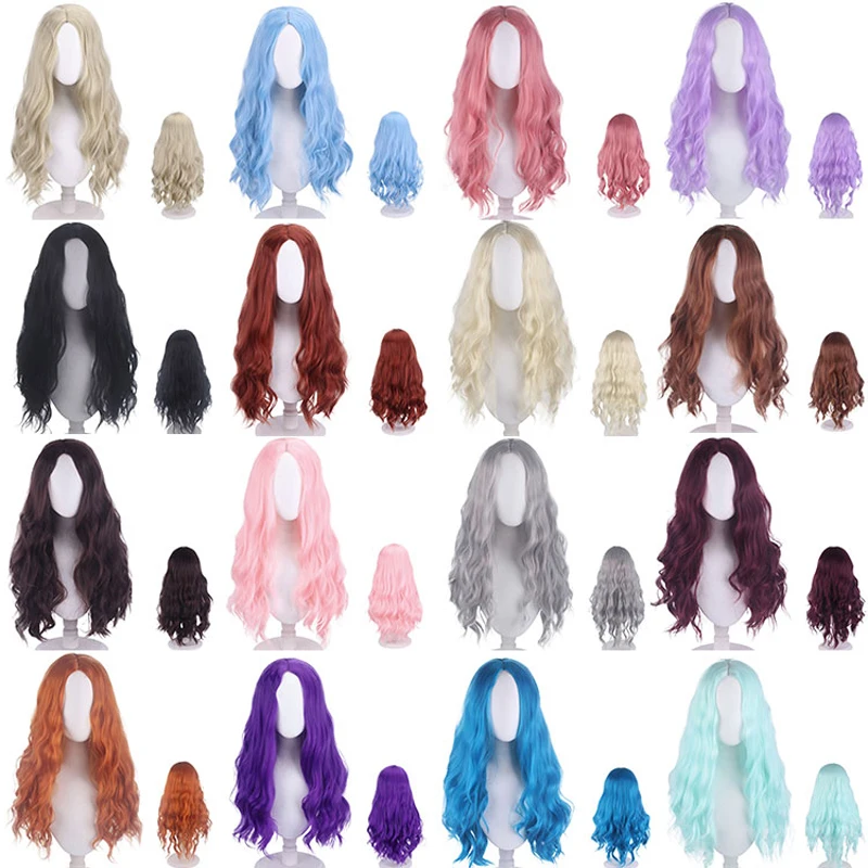 70cm Long Curly Synthetic Hair Cosplay Wigs Women Daily Party Costume Halloween Play Role Middle Central Styled + Free Wig Cap