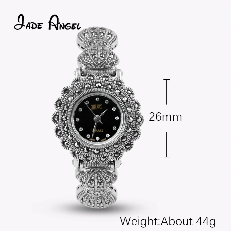 Jade Angel New 925 Sterling Silver Round Flower Design Wristwatch Vintage Marcasite Watch Bracelet for Women Luxury Jewelry Gift