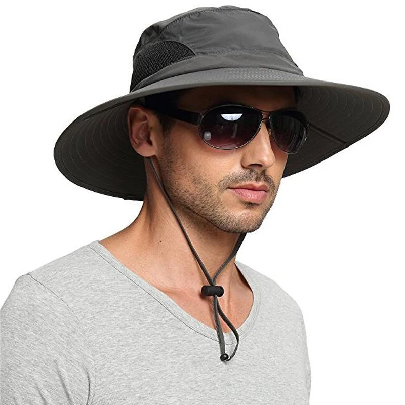 Summer Men Hiking Cap Large Wide Brim Sun Hat UPF 50+ UV Protection Breathable Adjustable Fishing Cap