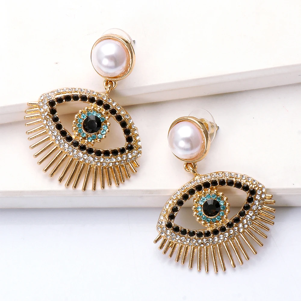 Fashion Pearl Gold Plated Drop Earrings Crystal Evil Eye Shape GeometricEarrings Women Weding Party Jewelry