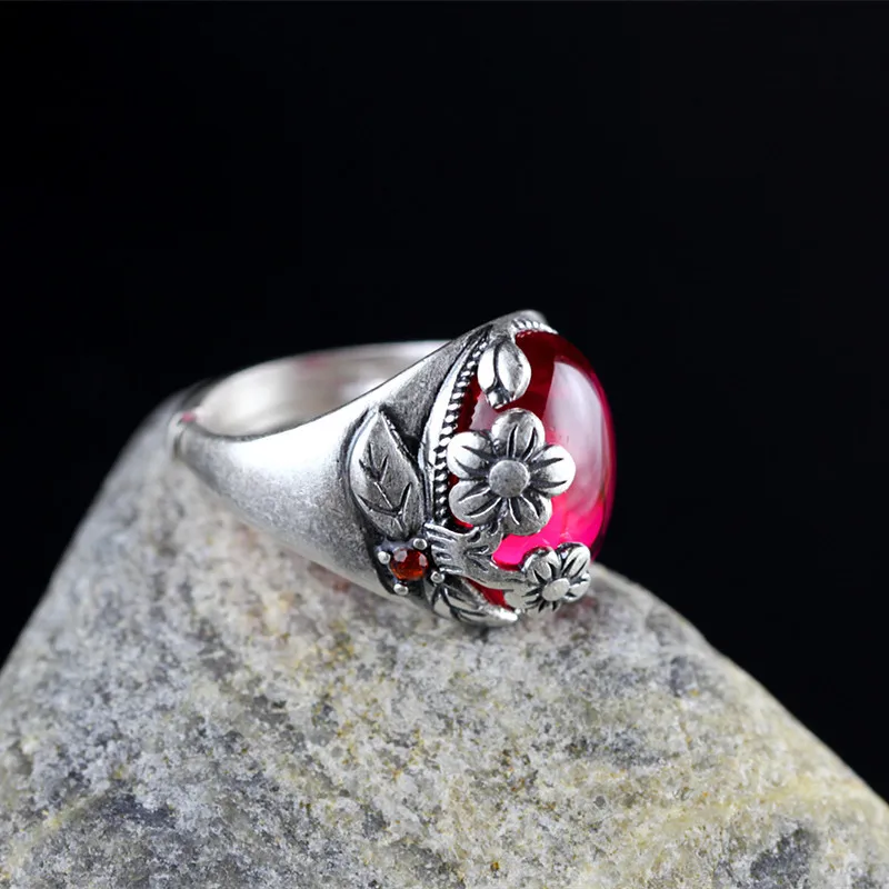 100%925Thai silver handmade inlaid  female models plum retro silver ring