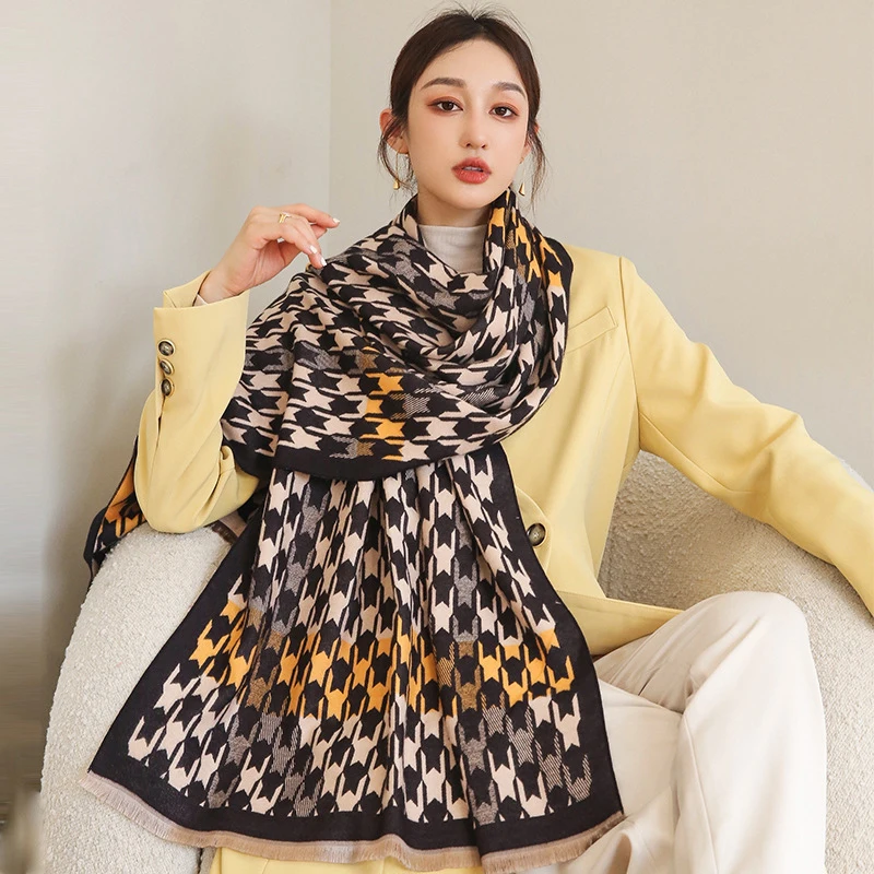 Fashion Imitation Cashmere Women Vintage Houndstooth Print Scarf Wild Winter Warm Shawl Long Wrap Tassel Female Thick Blanket