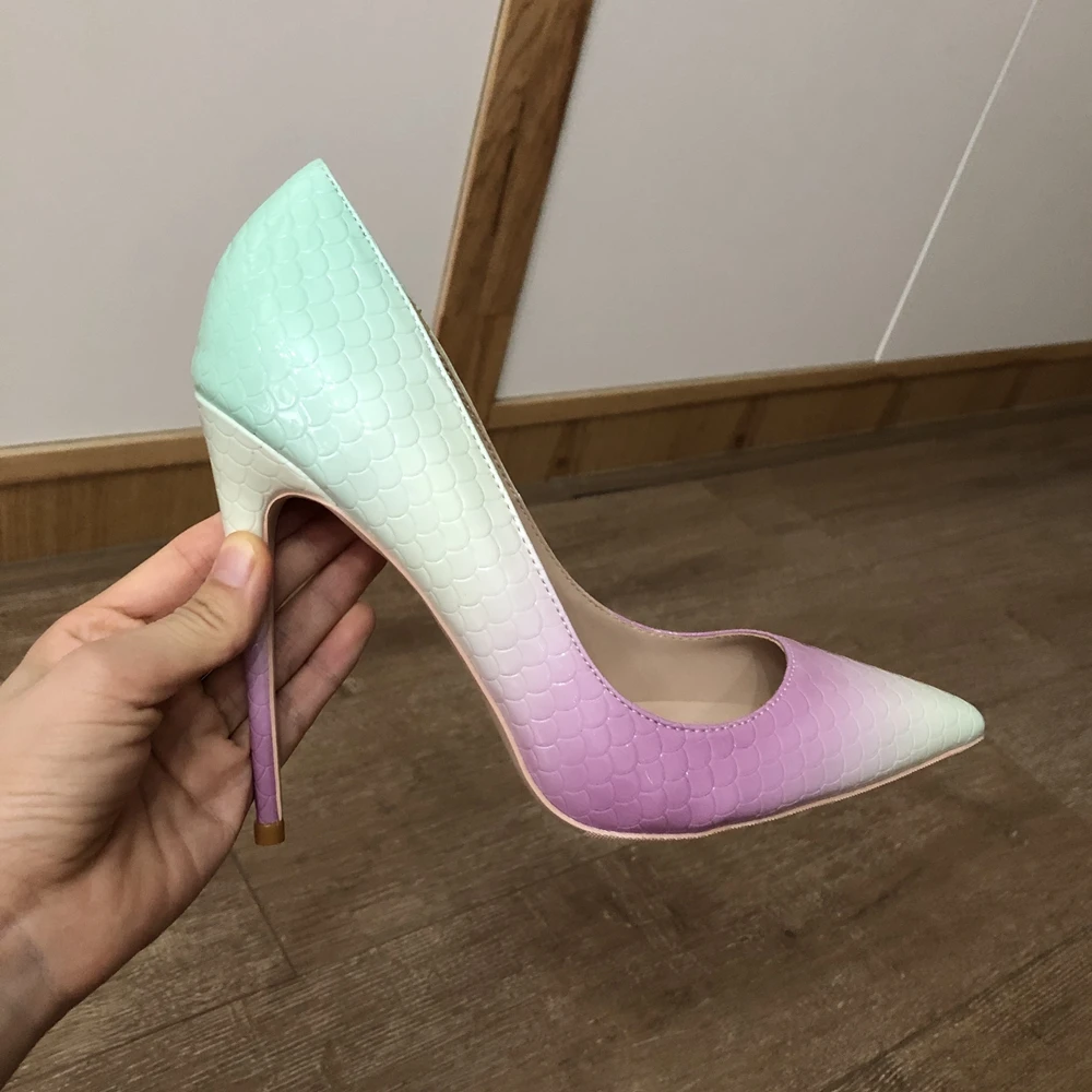 Veowalk Mint Purple Gradient Women Crocodile Effect Pointy Toe Sexy High Heel Shoes 8cm 10cm 12cm Stiletto Pumps Plus Suze 44 45