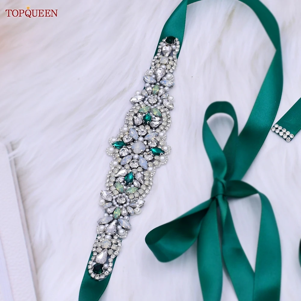 TOPQUEEN S452 Emerald Diamond Belt Green Rhinestone Belt for Wedding Ribbon Belt Wedding Accessories Party Dress Belts Girdles